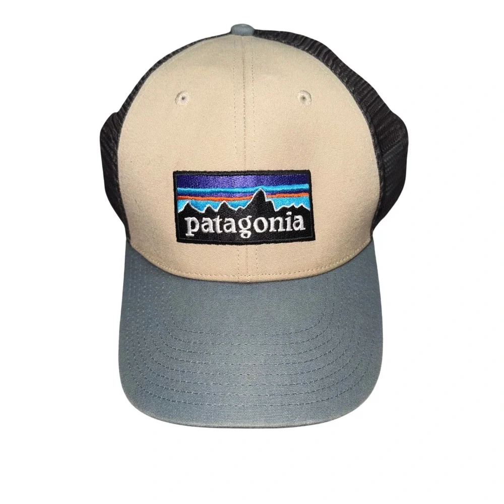 Patagonia Trucker Hat Unisex OS Tan Grey Excellent P-6 Logo Snapback Mesh Cap